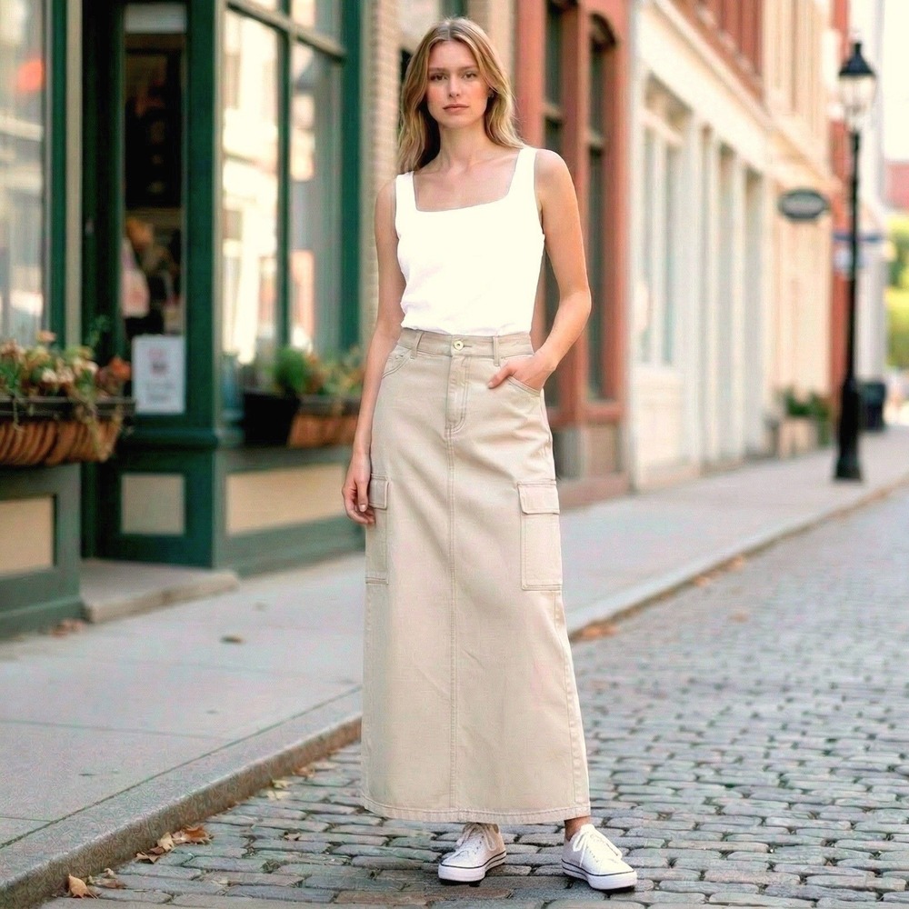 Cotton Cargo Maxi Skirt Size 6 / 28 -‎ Kensie Jean Beige Stretch Canvas Utility